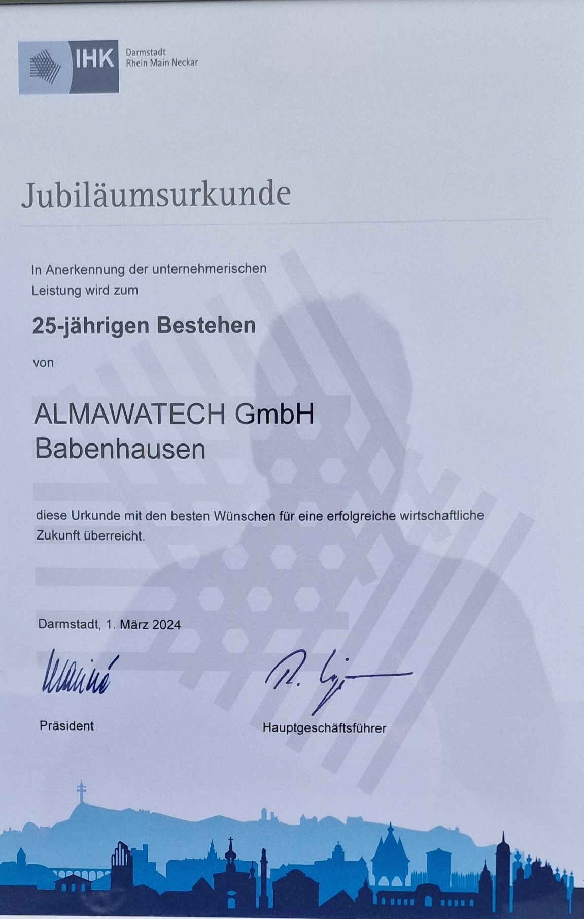 Jubiläumsurkunde von der IHK für die Almawatech