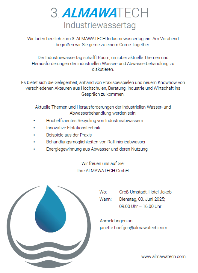 Industriewassertag von ALMAWATECH für die industrielle Prozesswasser- und Abwasserbehandlung