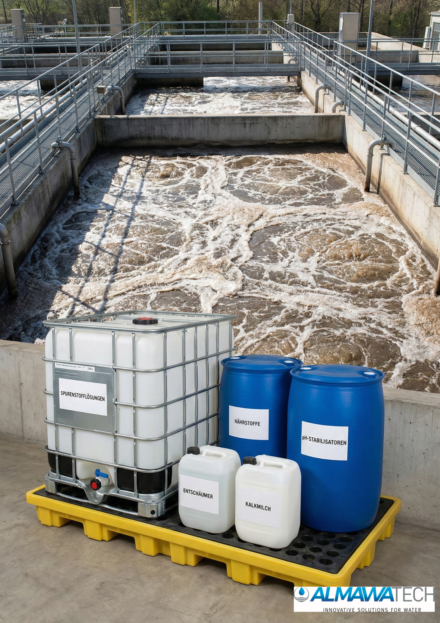 Tratamiento biológico de aguas residuales con solución nutritiva y agente controlador de espuma para estabilizar los microorganismos y garantizar la seguridad del proceso.