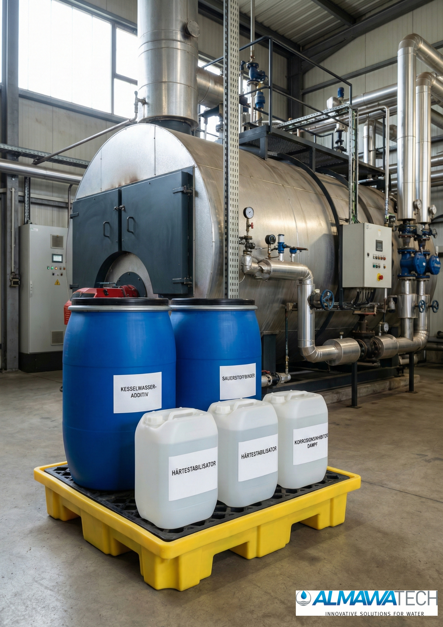 Kesselwasserbehandlung mit Härtestabilisator und Sauerstoffbinder gegen Kesselstein und Korrosion in Dampfkesseln