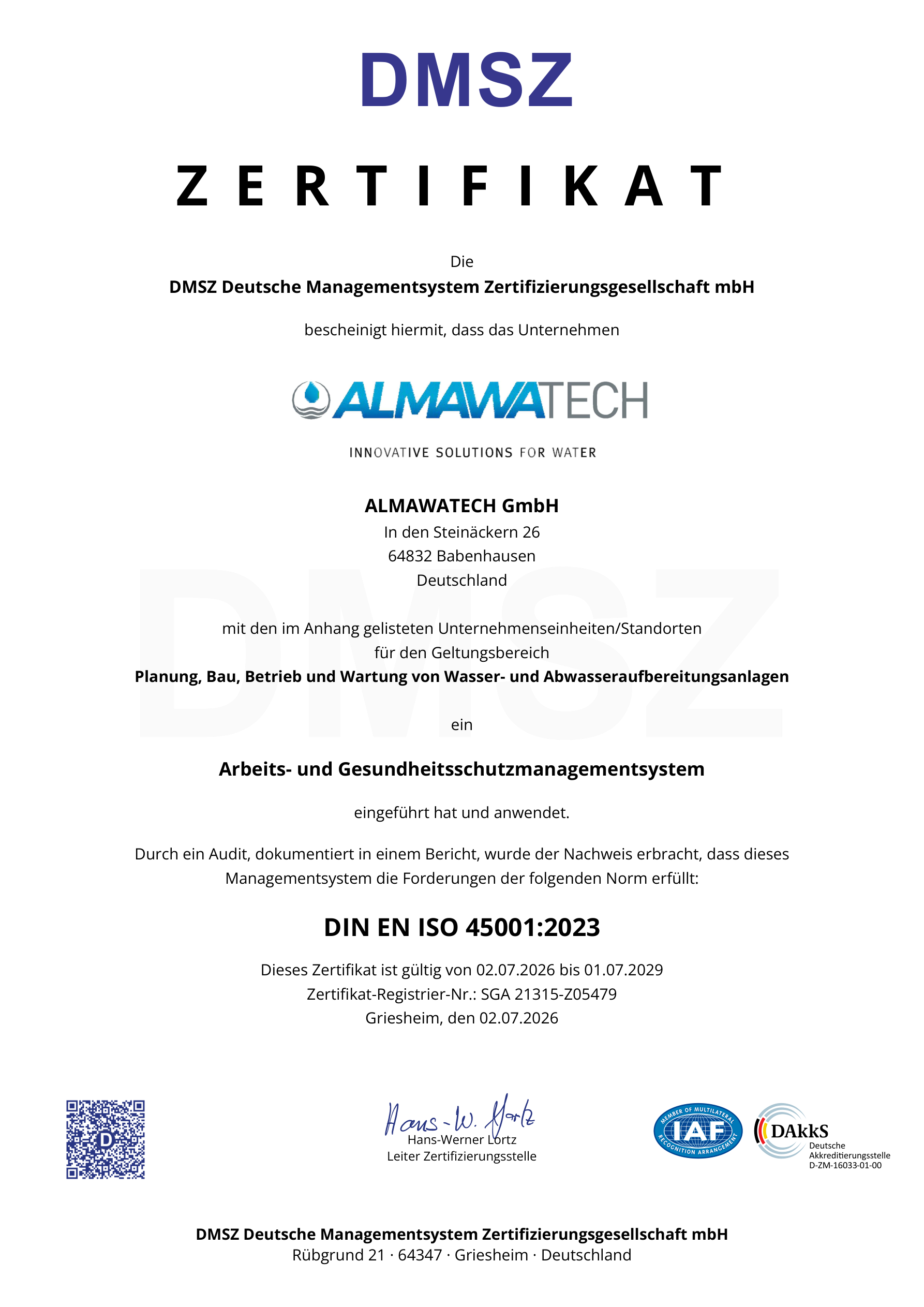 Certyfikat ISO 45001 – ALMAWATECH GmbH System zarządzania bezpieczeństwem i higieną pracy